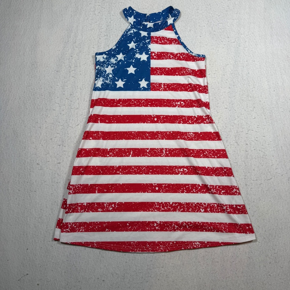 BesserBay Girls American Flag Halter Dress Pockets Patriotic 4th of July Sz 140